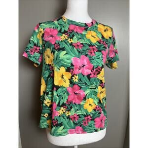 Old Navy Everywear Tee Hawaiian Hibiscus Floral 100% Cotton Petite Small Soft